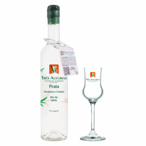 Conjunto Garrafa Cachaça Três Alegrias Prata 500ml com Taça Três Alegrias 90ml